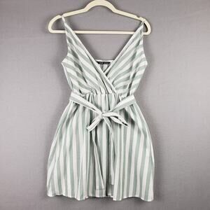 Sage Green White Stripe Belted Mini Dress 100% Cotton New England Coastal Size S